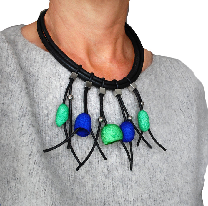 Leather Necklace with 5 Silk Cocoons
