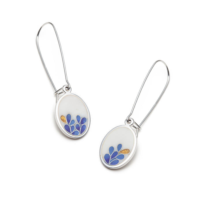 White with Blue Petals Long Earrings